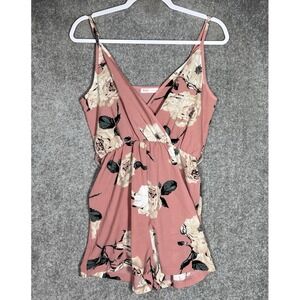 ROMWE Crossover Romper Womens Size 4 Dusty Pink White Beige Floral Elastic Waist